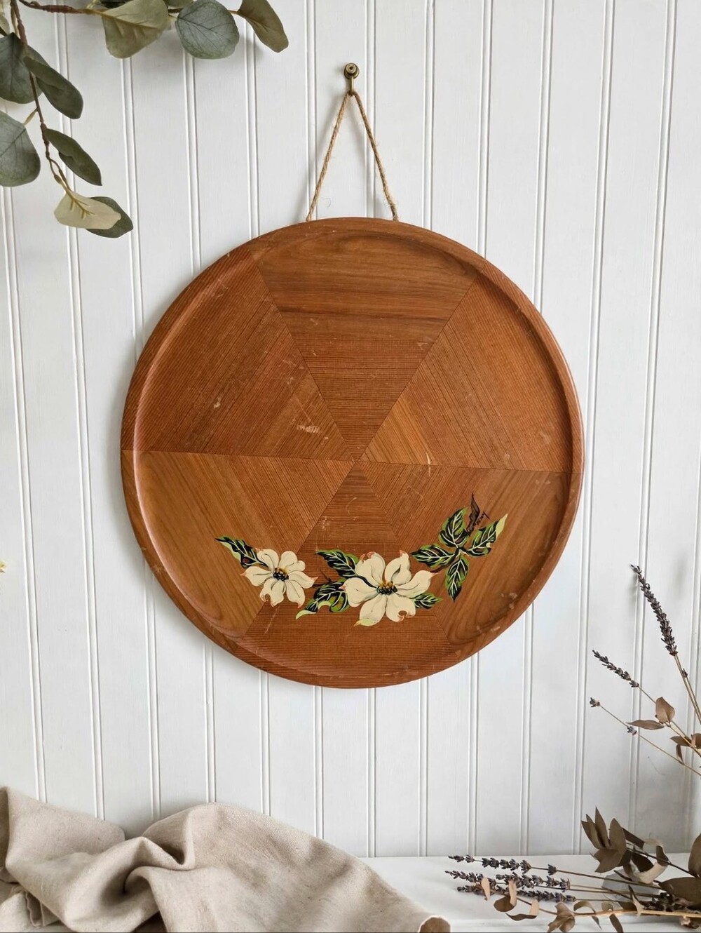 Vintage Panorama Products Red Cedar Dogwood Tray - 14" Hand Painted